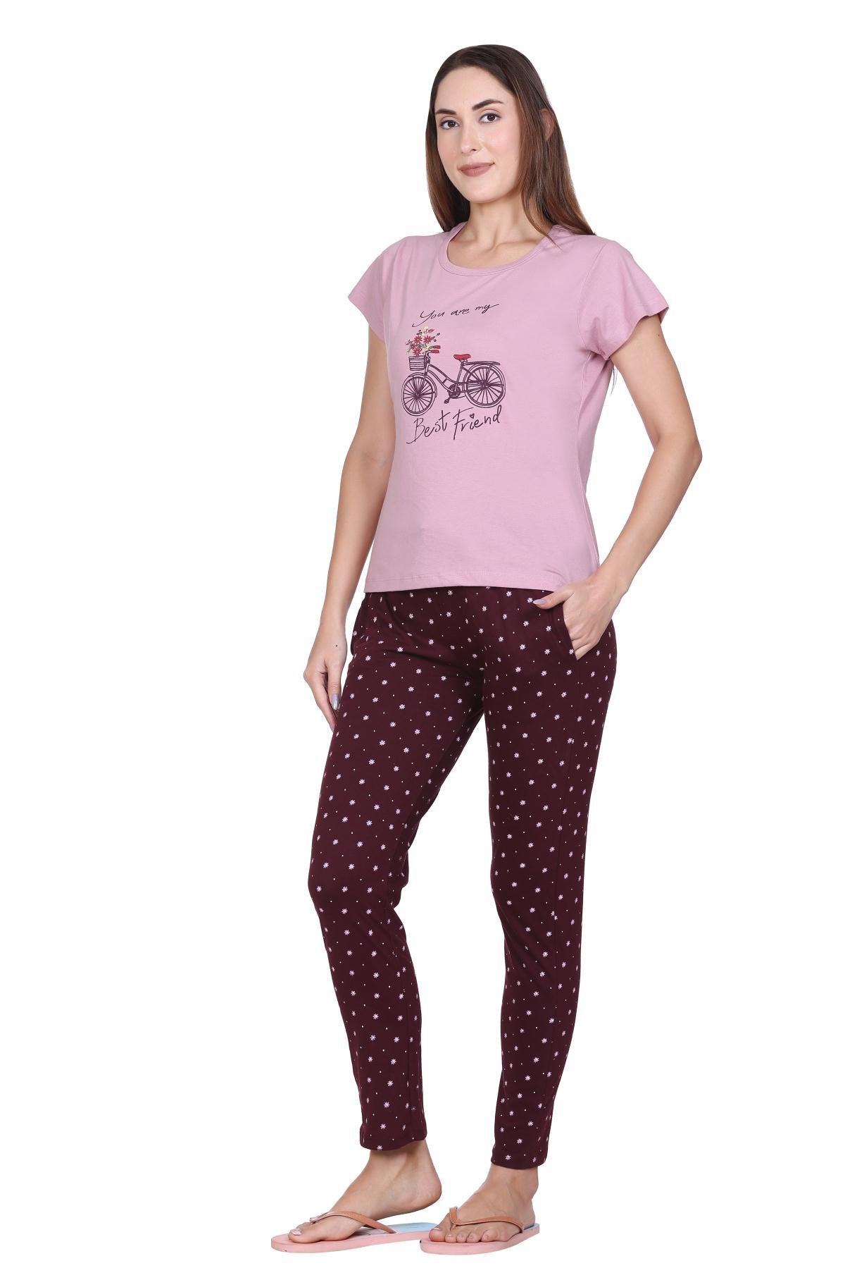 Rose Printed Night Suit For Women