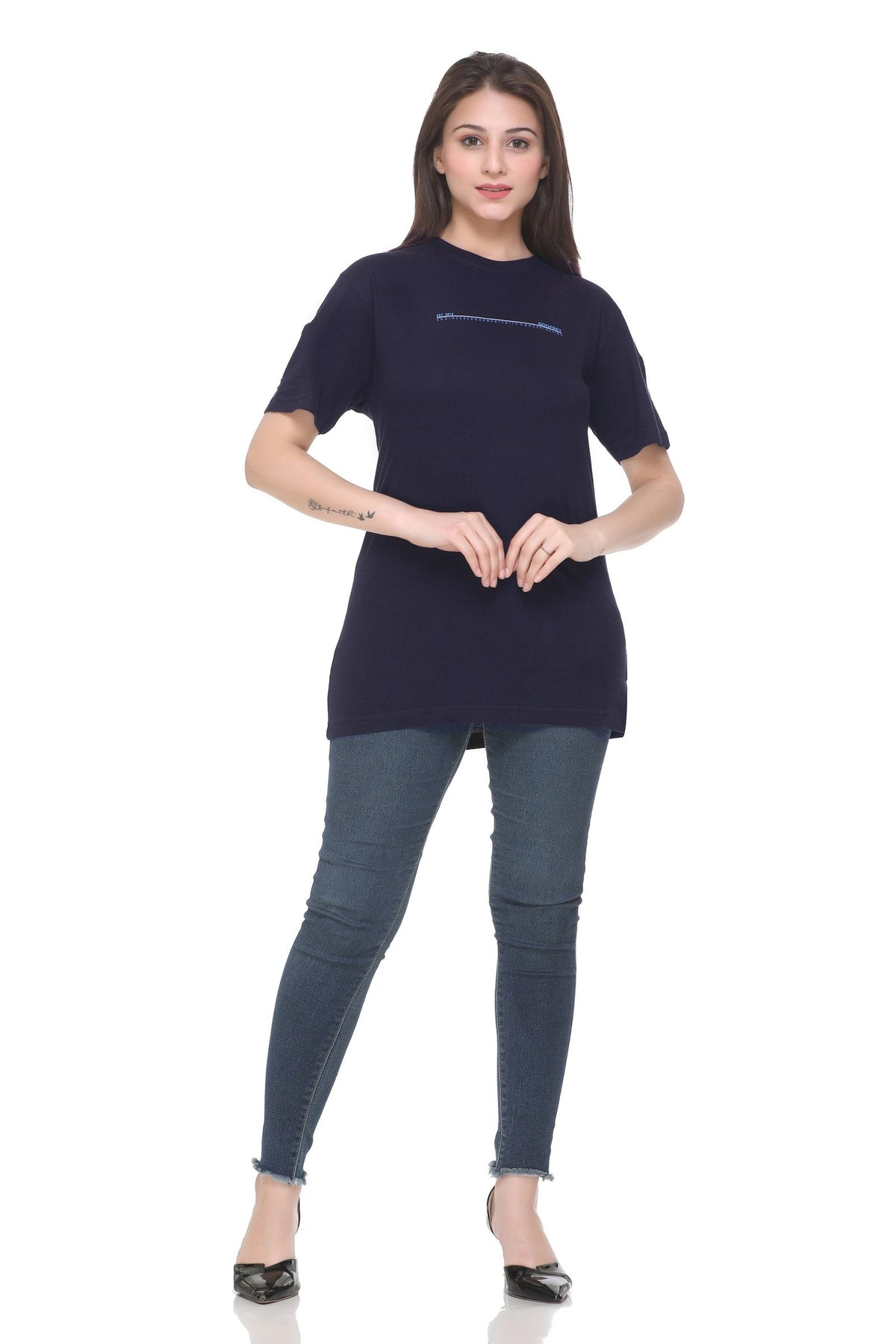 Women Solid Navy Cotton Lycra Loose Fit Round Neck T-Shirt