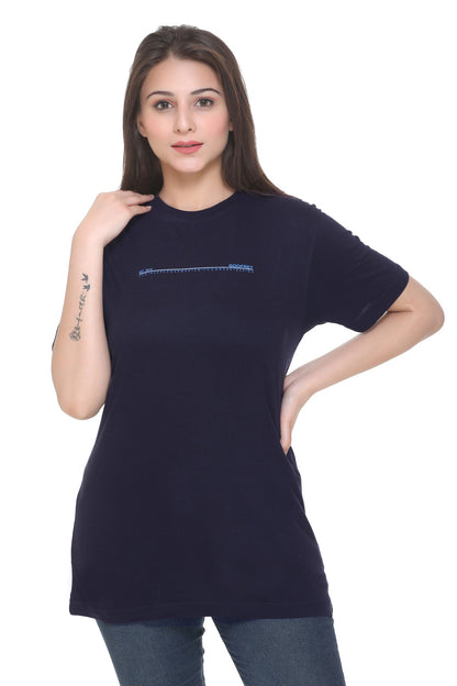 Women Solid Navy Cotton Lycra Loose Fit Round Neck T-Shirt