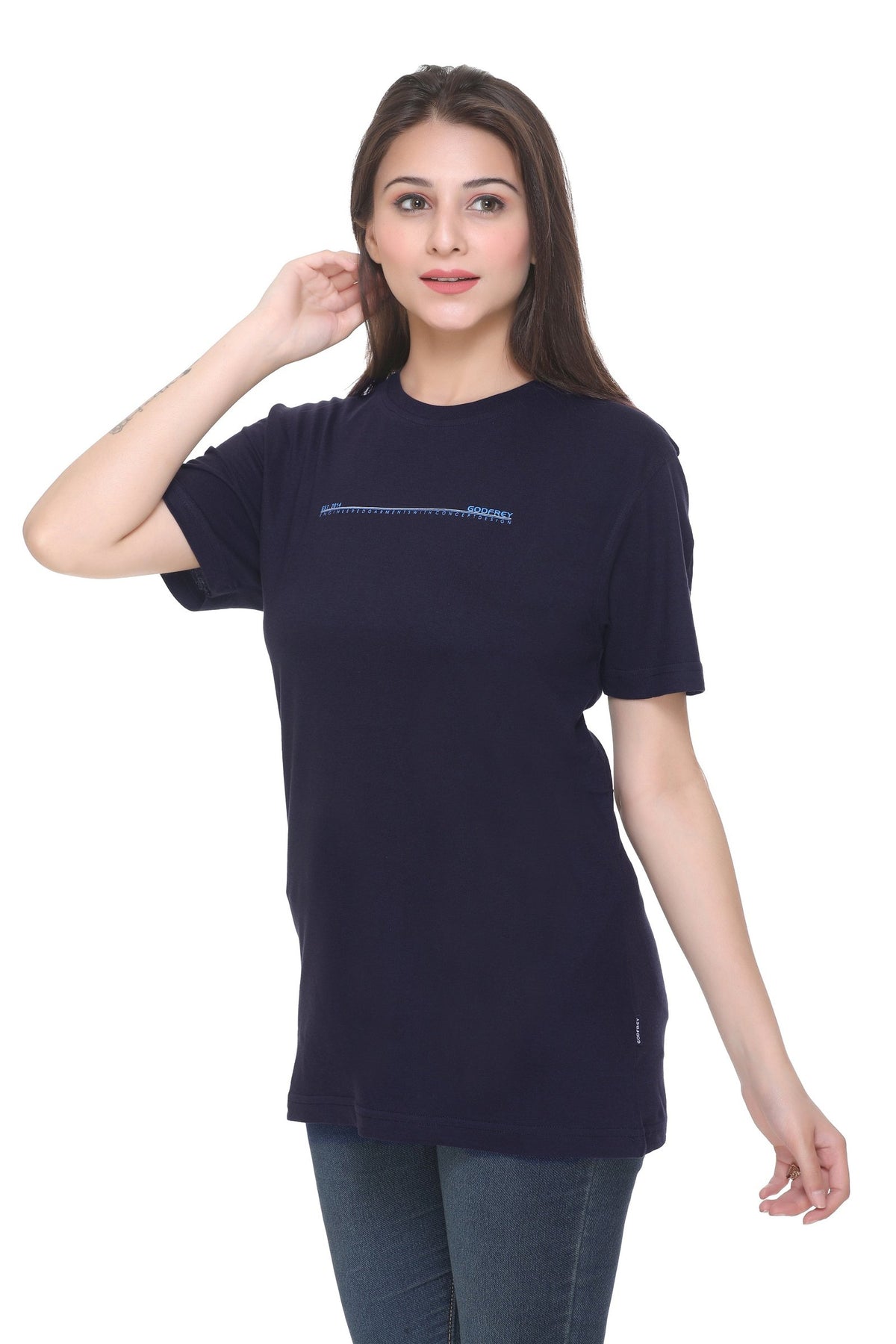 Women Solid Navy Cotton Lycra Loose Fit Round Neck T-Shirt