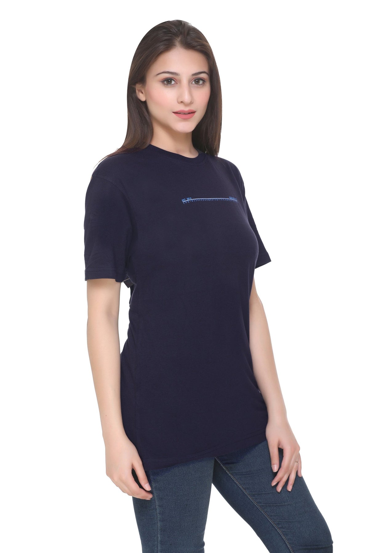 Women Solid Navy Cotton Lycra Loose Fit Round Neck T-Shirt
