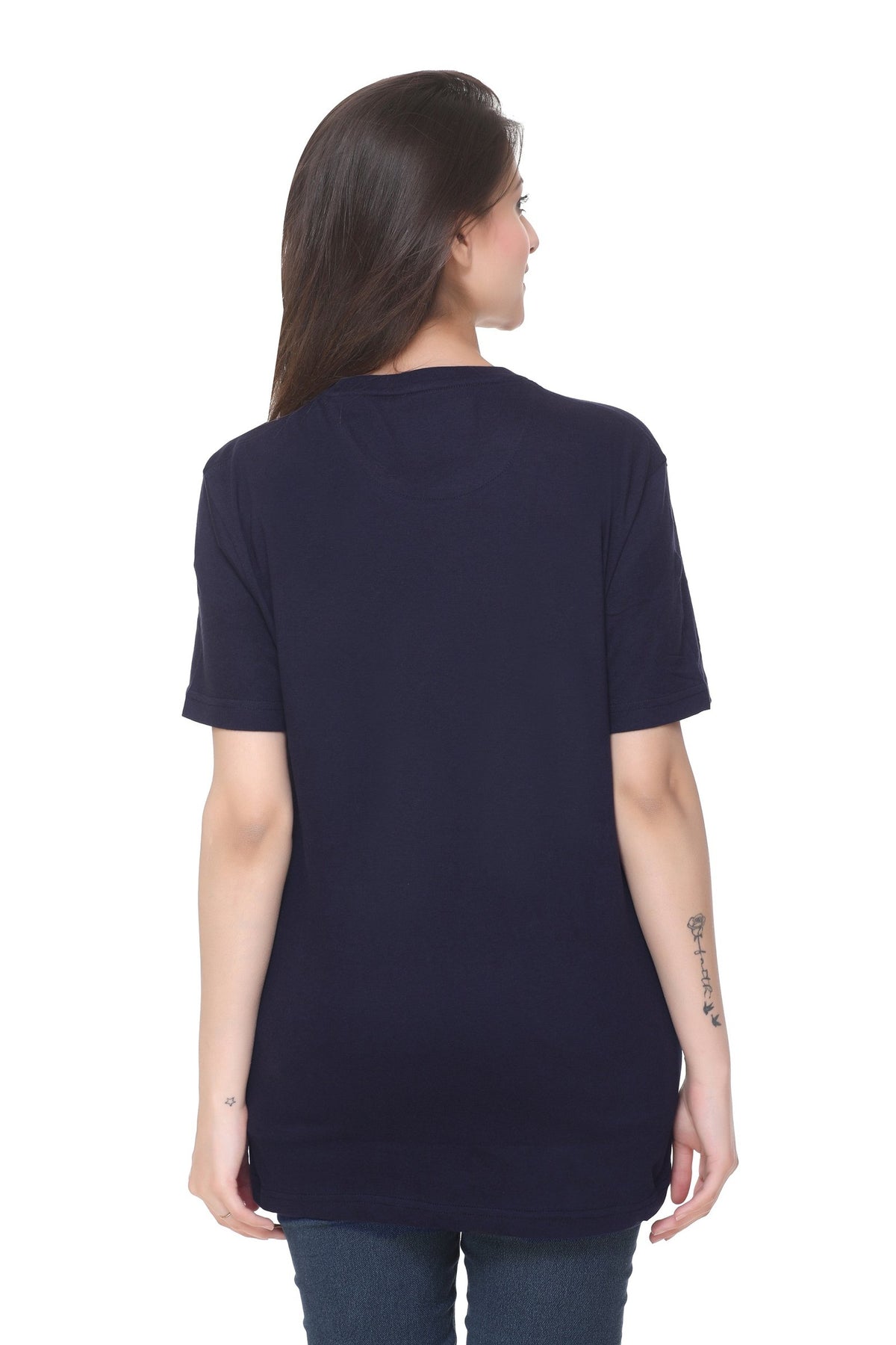 Women Solid Navy Cotton Lycra Loose Fit Round Neck T-Shirt