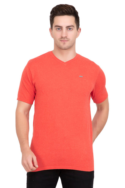 Tangerine Orange Flat Knit V-Neck T-Shirt
