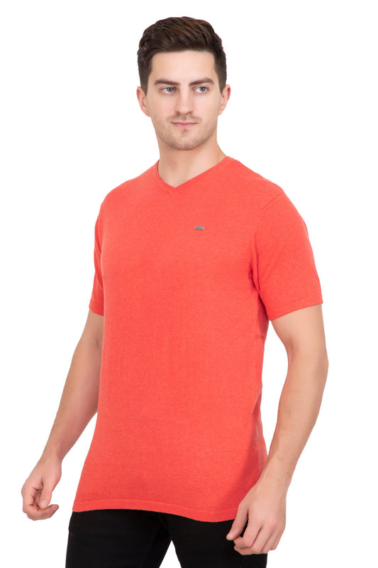 Tangerine Orange Flat Knit V-Neck T-Shirt