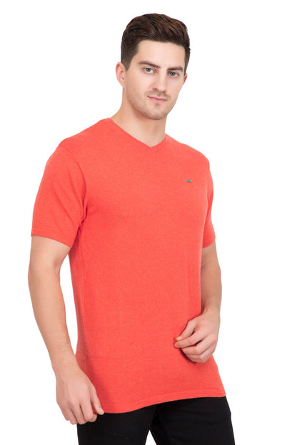 Tangerine Orange Flat Knit V-Neck T-Shirt