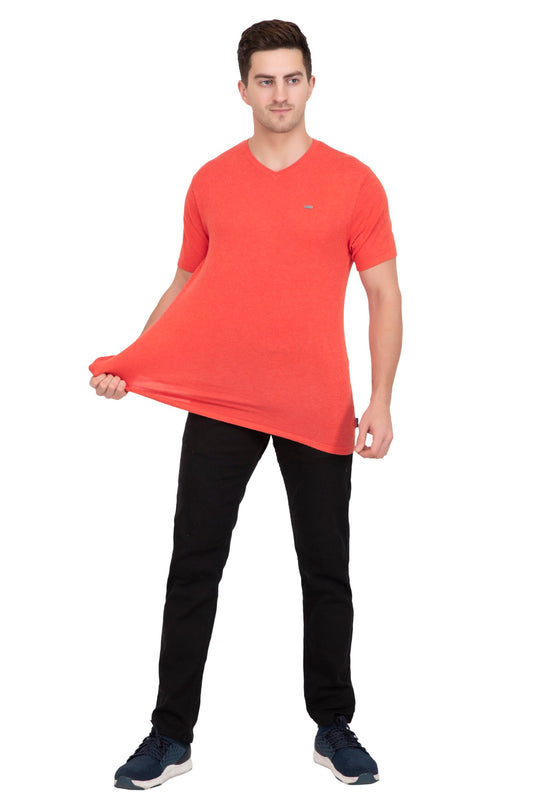 Tangerine Orange Flat Knit V-Neck T-Shirt