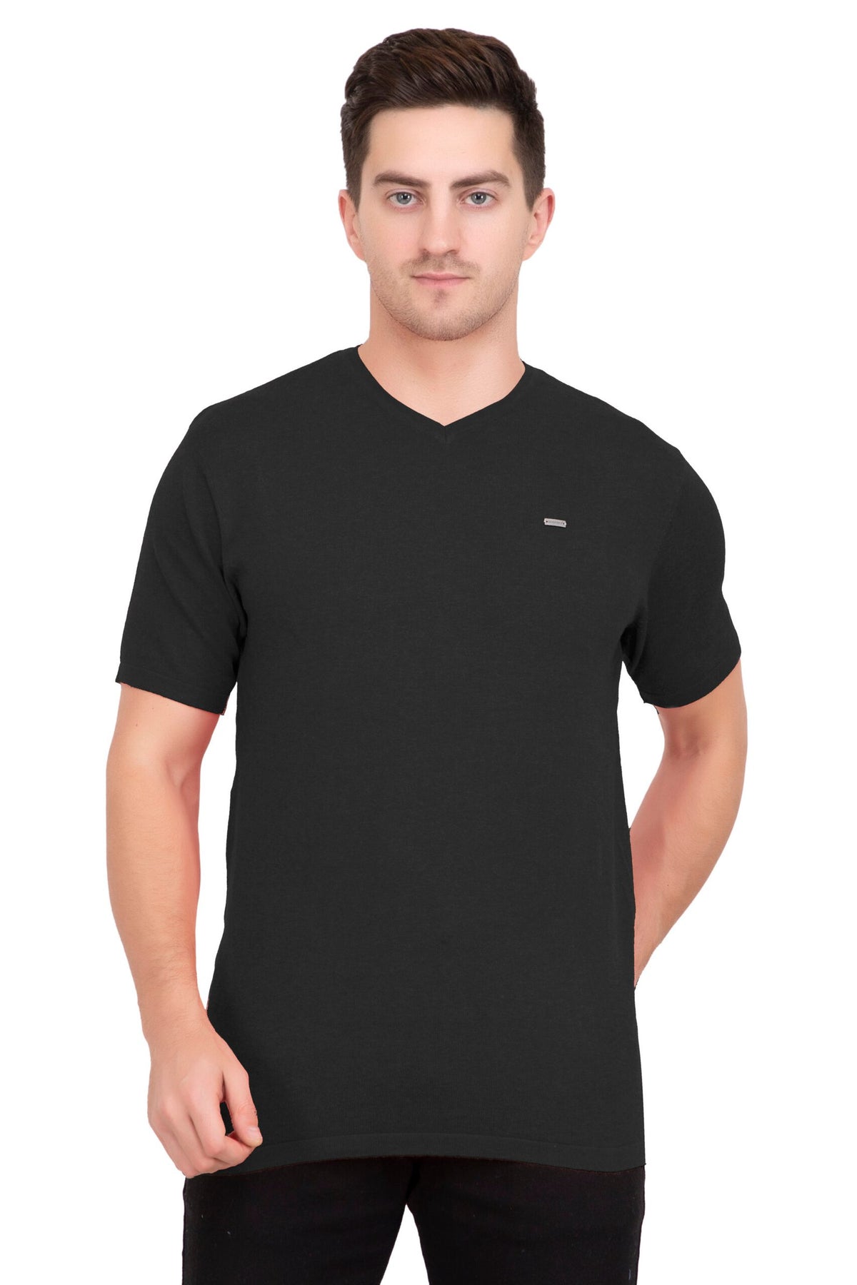 Black Solid Flat Knit V-Neck T-Shirt
