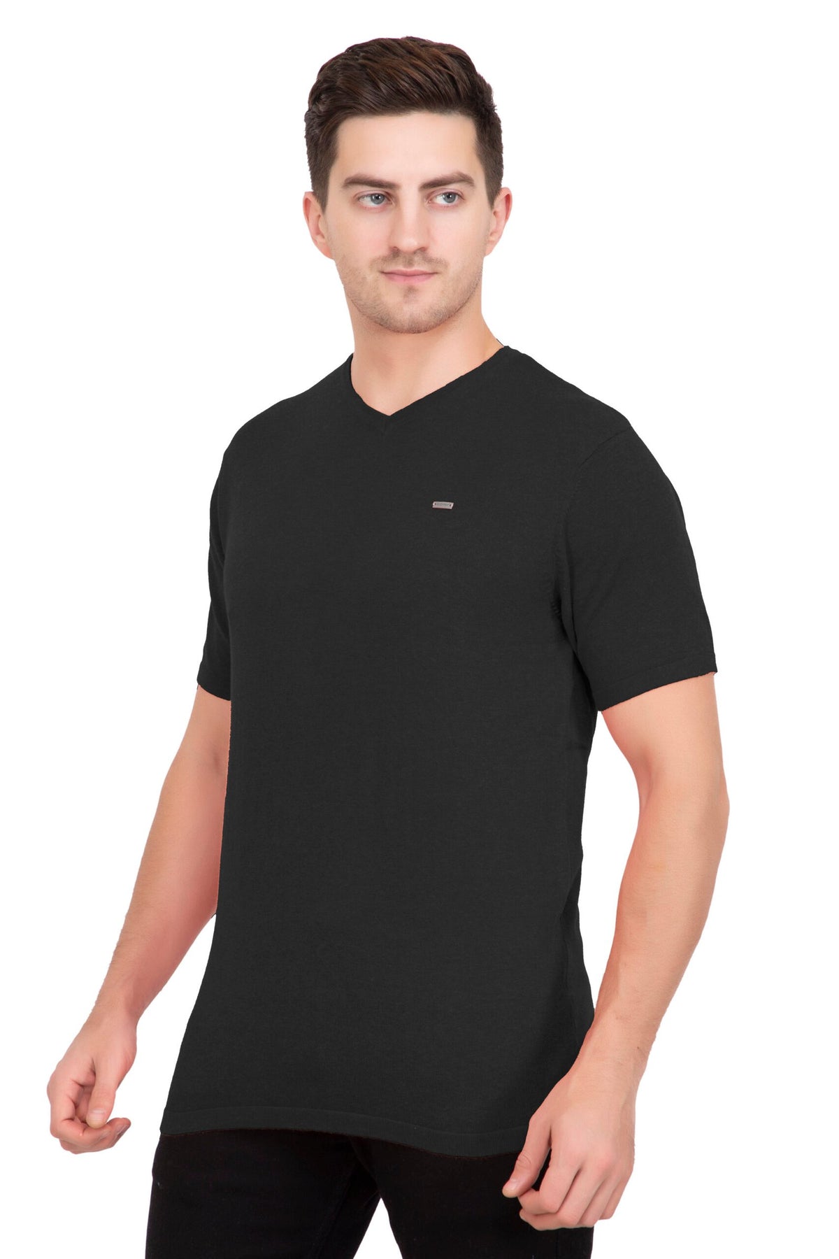 Black Solid Flat Knit V-Neck T-Shirt