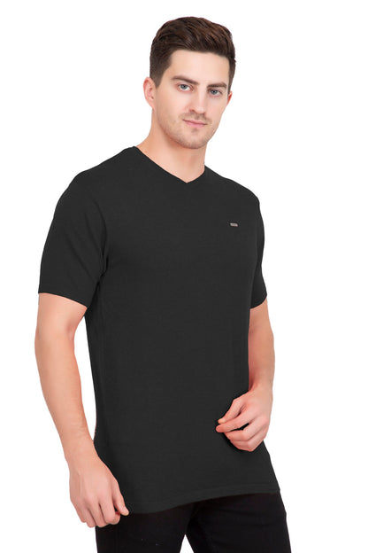 Black Solid Flat Knit V-Neck T-Shirt