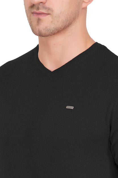 Black Solid Flat Knit V-Neck T-Shirt