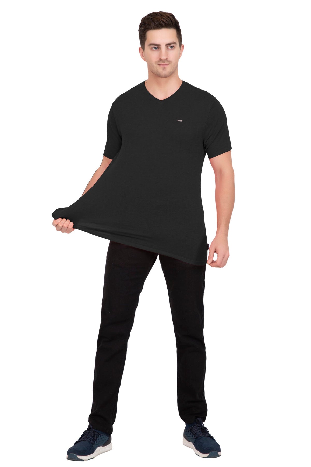 Black Solid Flat Knit V-Neck T-Shirt