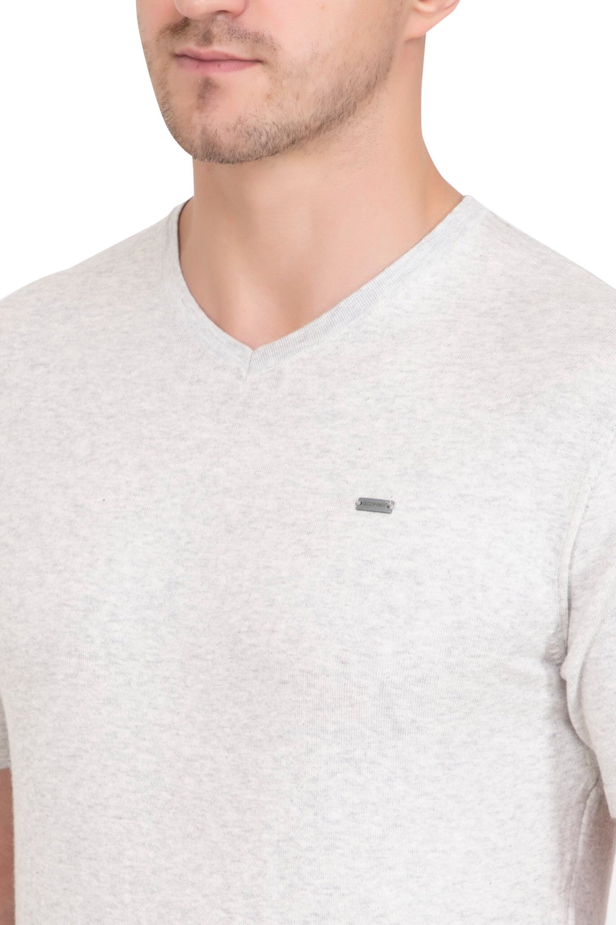 Light Grey Melange Flat Knit V-Neck T-Shirt