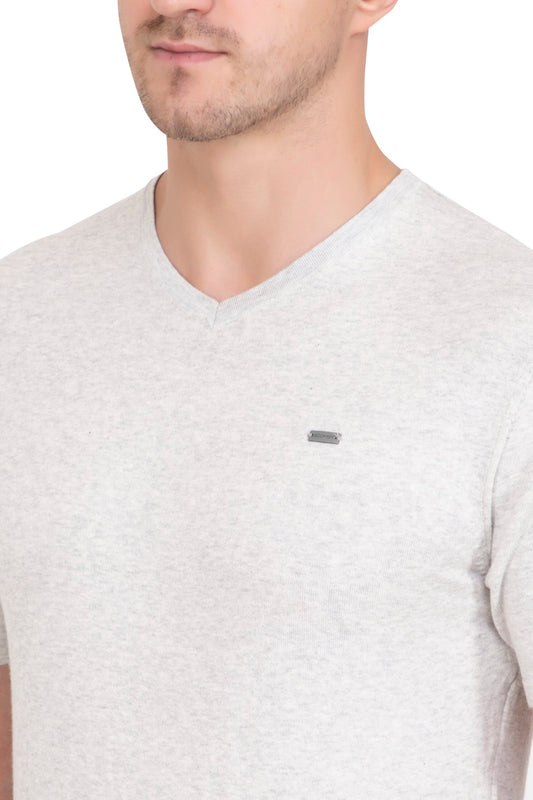 Light Grey Melange Flat Knit V-Neck T-Shirt