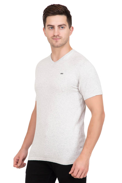 Light Grey Melange Flat Knit V-Neck T-Shirt