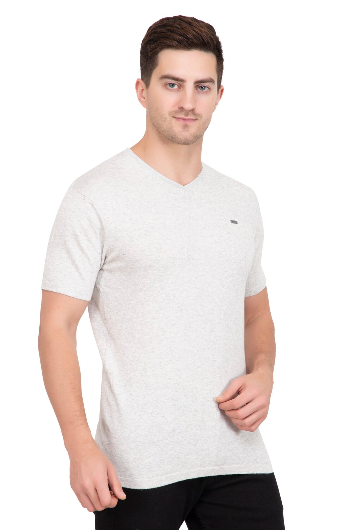 Light Grey Melange Flat Knit V-Neck T-Shirt