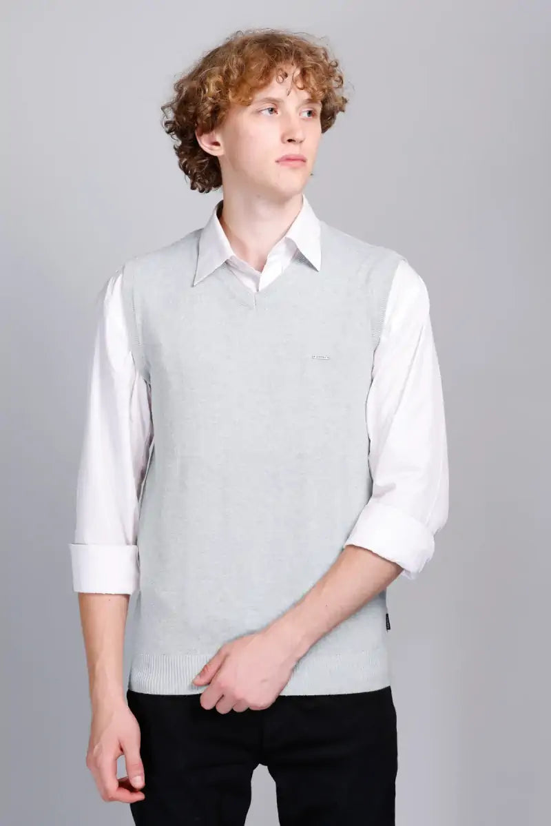 Light Grey Cotton V-Neck Sleeve Less Pullover