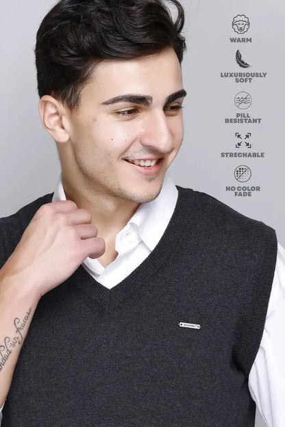 Charcoal Cotton V-Neck Sleeveless Sweater Vest Men