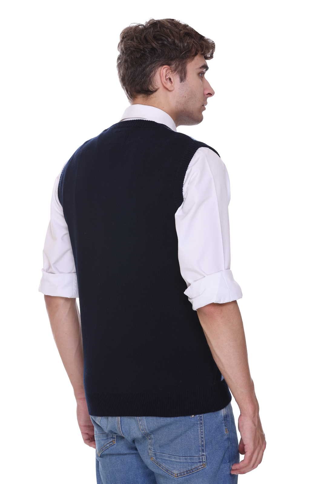 Navy | Sky Woolen V-Neck Sleeveless Sweater For Men