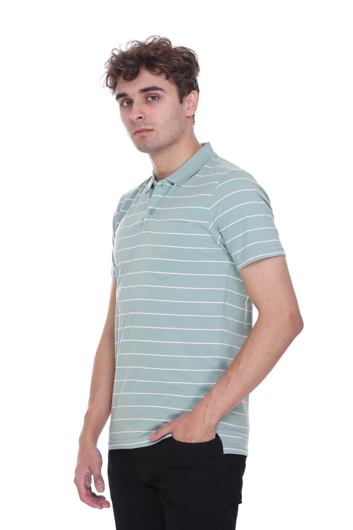 Pista Green White Striped Half Sleeve Polo T-Shirt Men