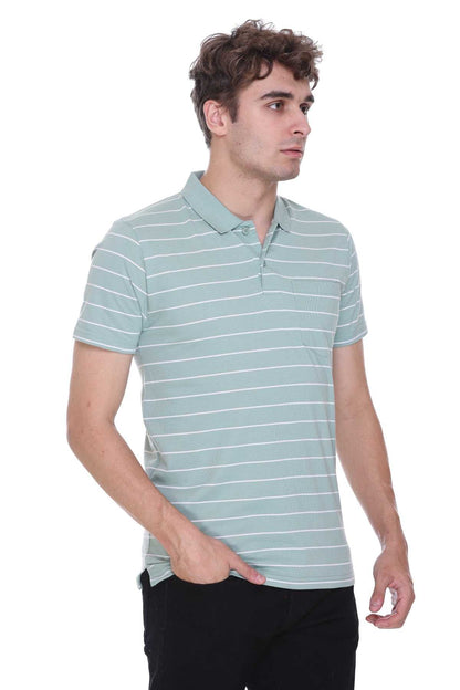 Pista Green White Striped Half Sleeve Polo T-Shirt Men