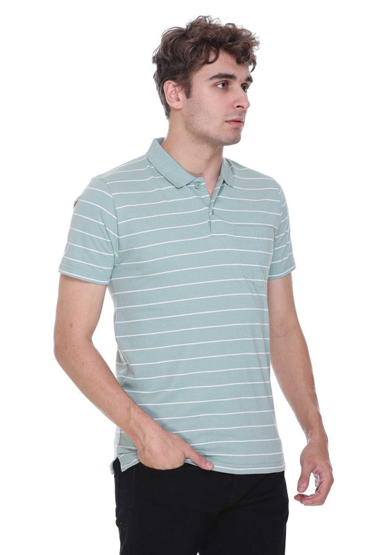Pista Green White Striped Half Sleeve Polo T-Shirt Men