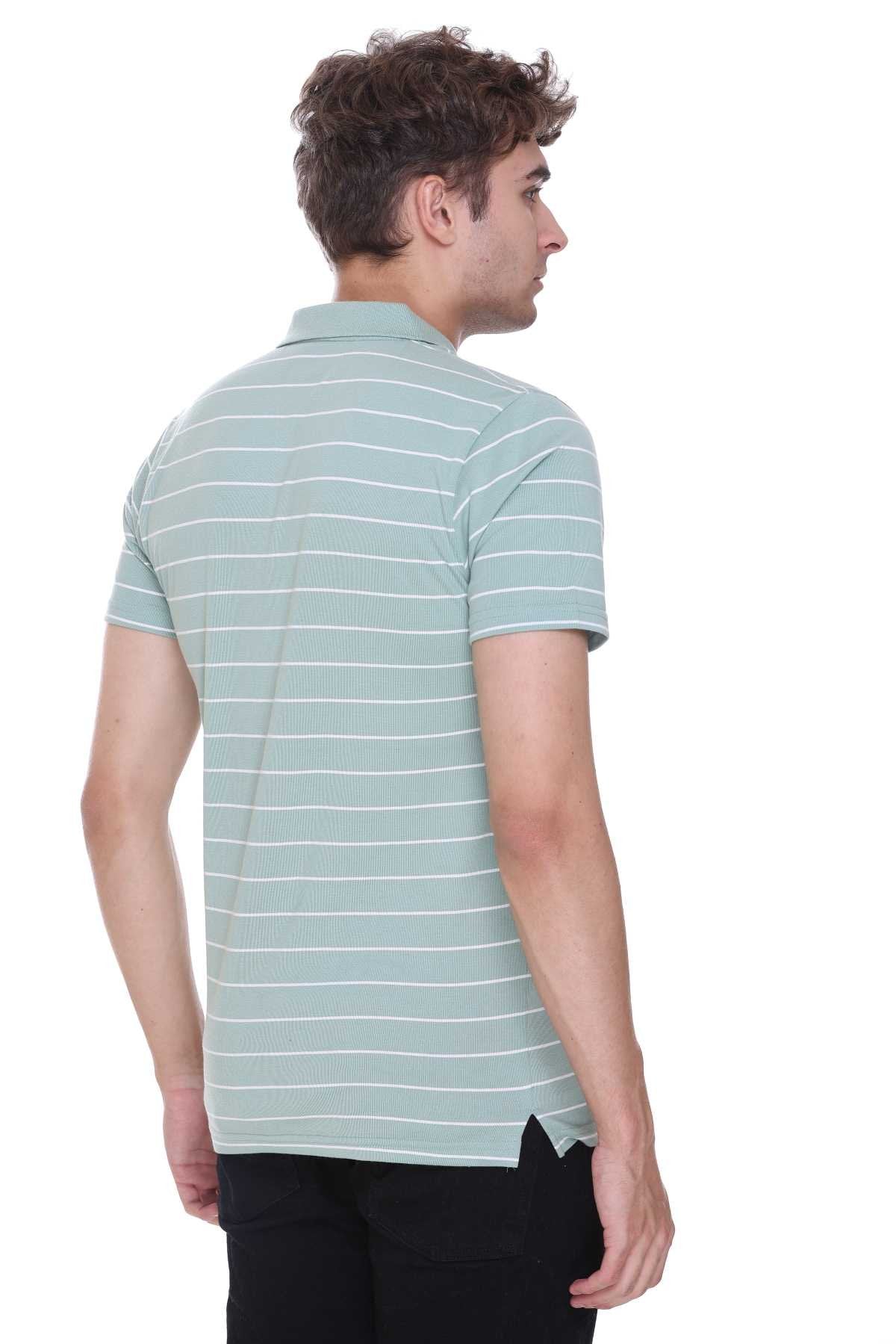 Pista Green White Striped Half Sleeve Polo T-Shirt Men