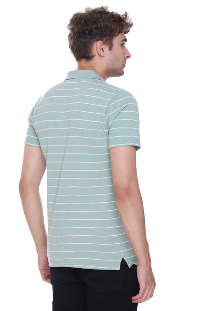 Pista Green White Striped Half Sleeve Polo T-Shirt Men