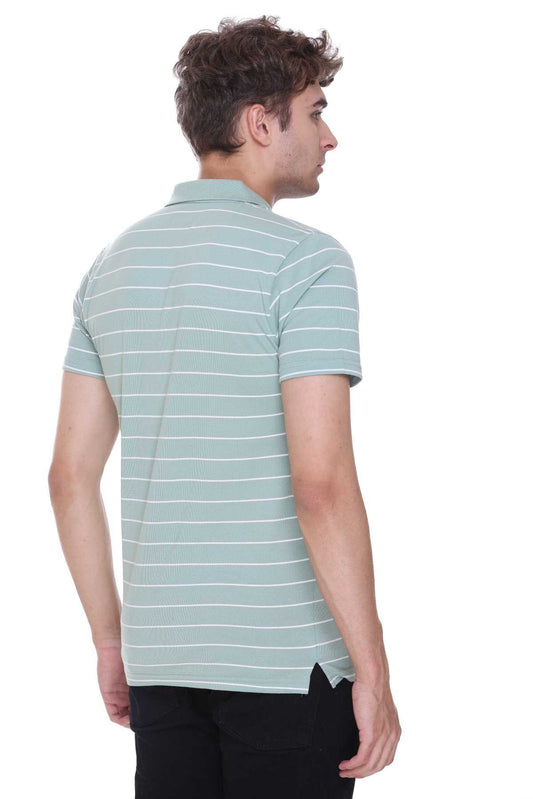 Pista Green White Striped Half Sleeve Polo T-Shirt Men