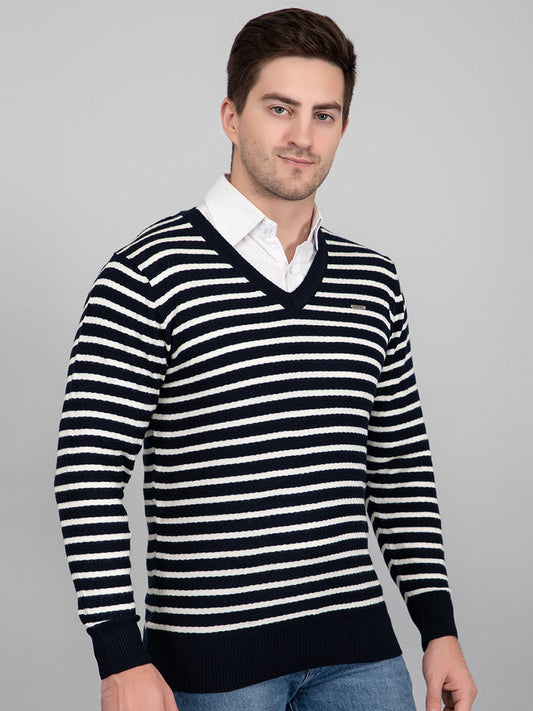 Navy Woolen V-Neck Striped Sweater For Men