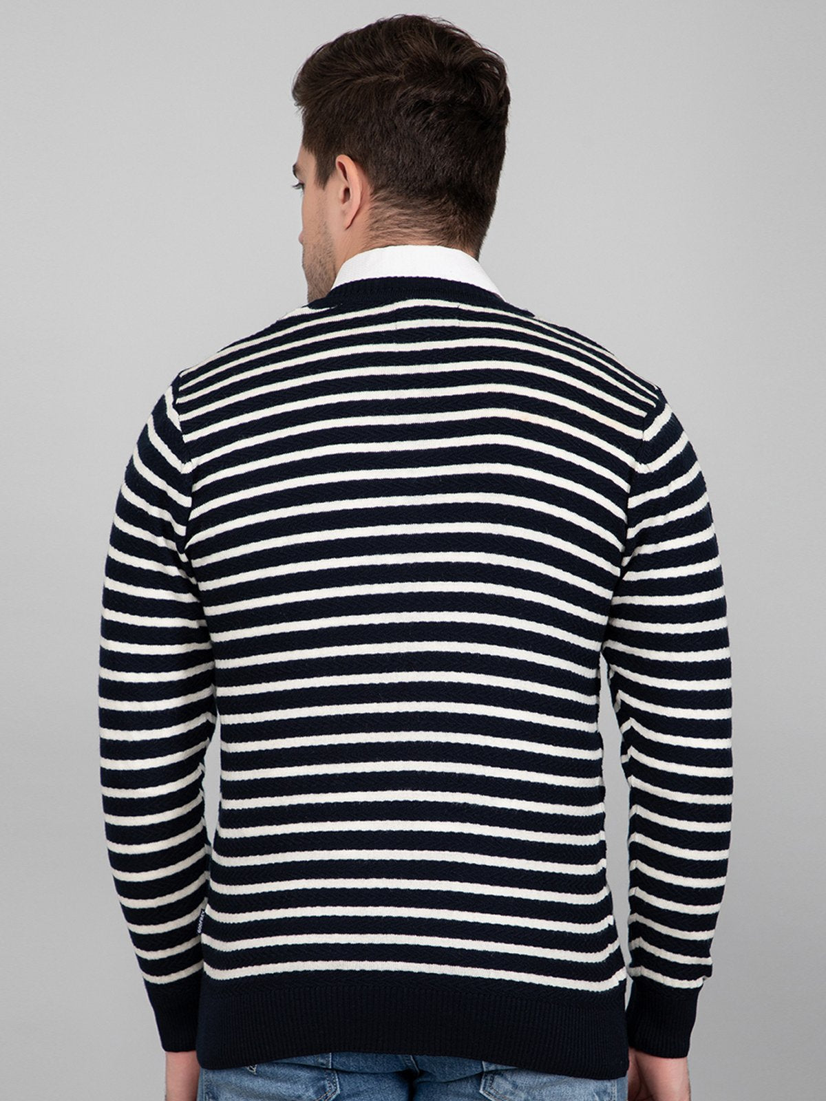 Navy Woolen V-Neck Striped Sweater For Men