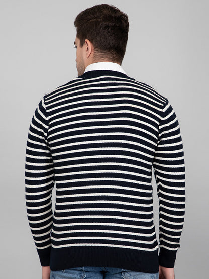 Navy Woolen V-Neck Striped Sweater For Men