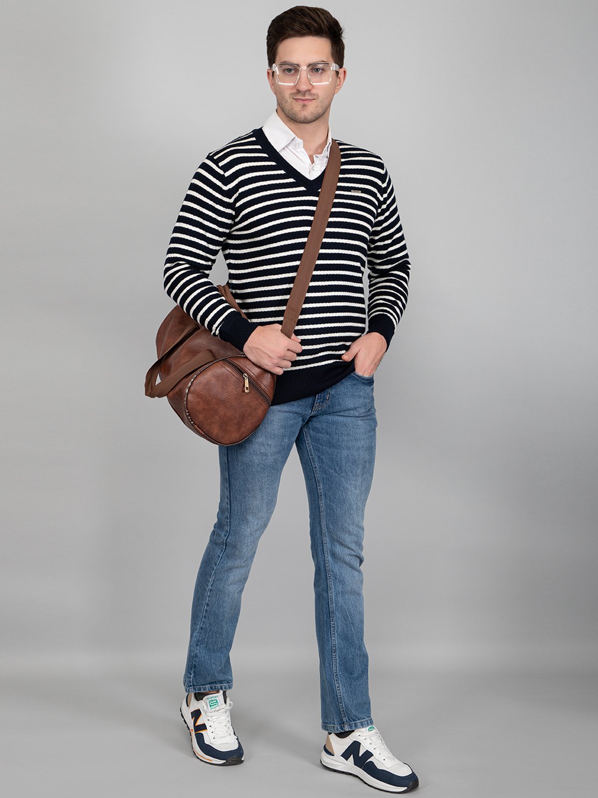 Navy Woolen V-Neck Striped Sweater For Men