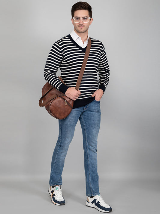 Navy Woolen V-Neck Striped Sweater For Men