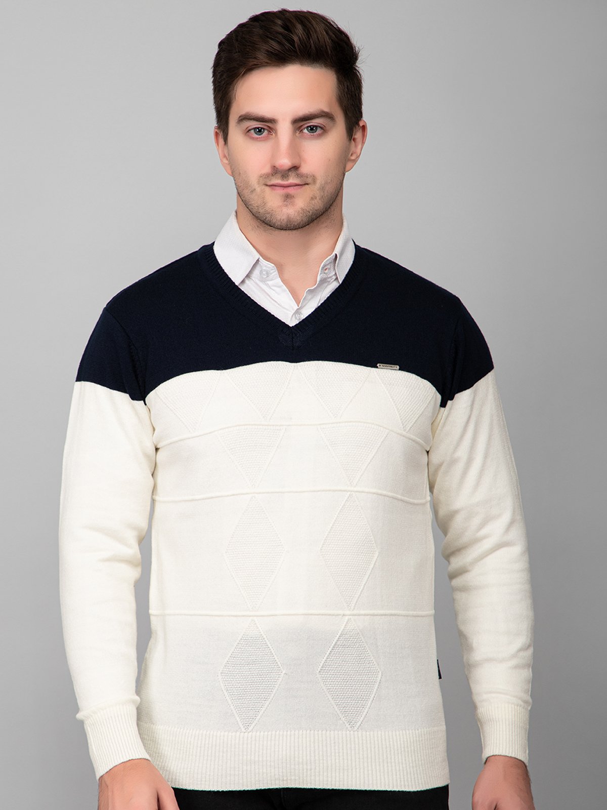 Off White Navy Woolen V-Neck Pullover Sweater for Men