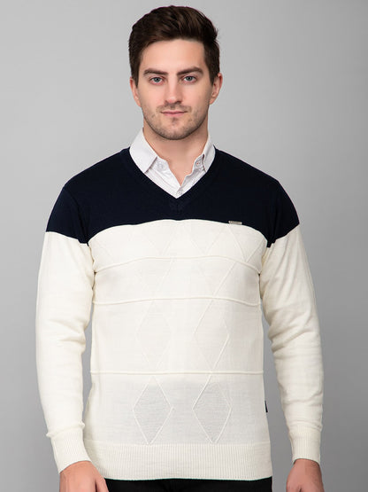 Off White Navy Woolen V-Neck Pullover Sweater for Men