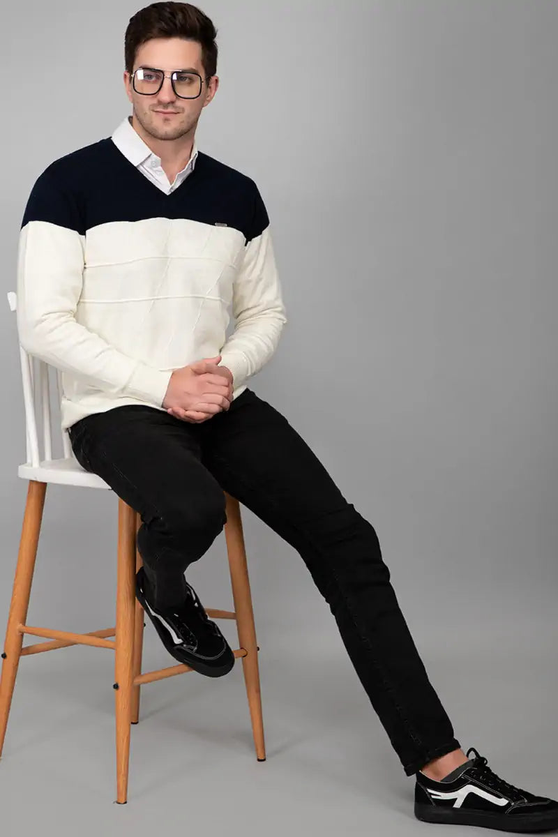 Off White Navy Woolen V-Neck Pullover Sweater for Men