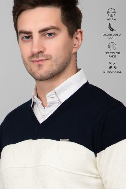 Off White Navy Woolen V-Neck Pullover Sweater for Men