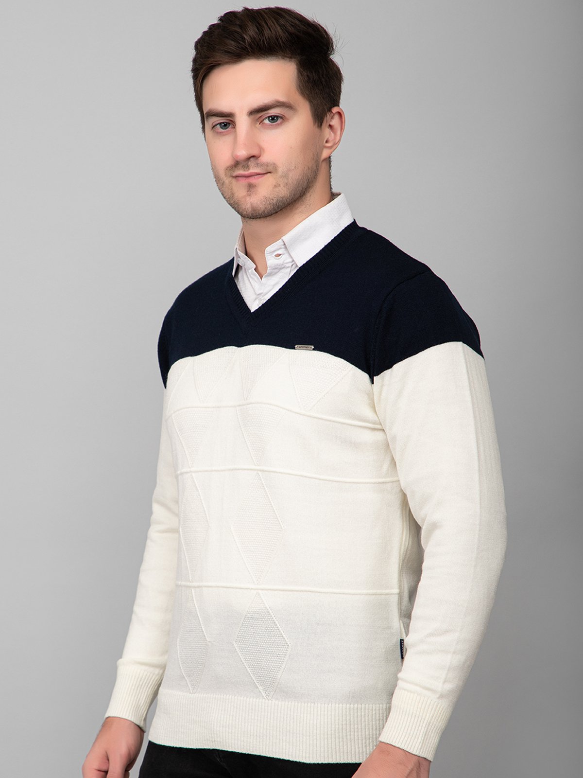 Off White Navy Woolen V-Neck Pullover Sweater for Men