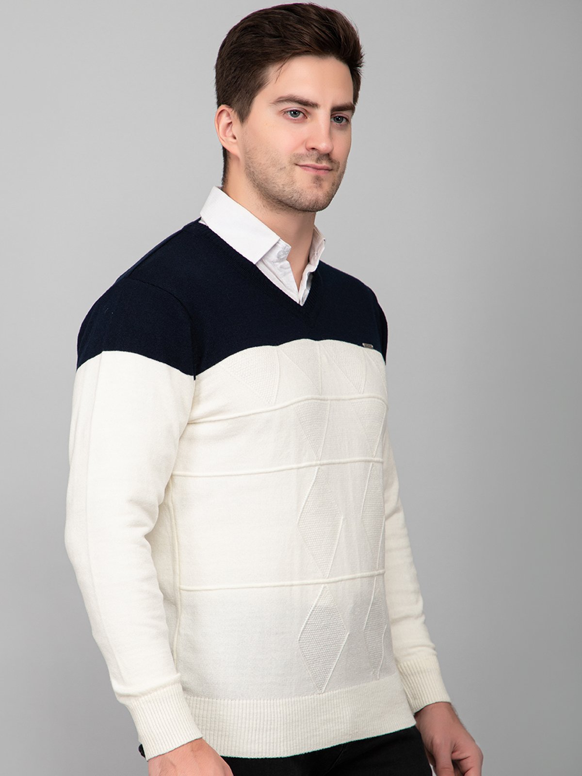 Off White Navy Woolen V-Neck Pullover Sweater for Men