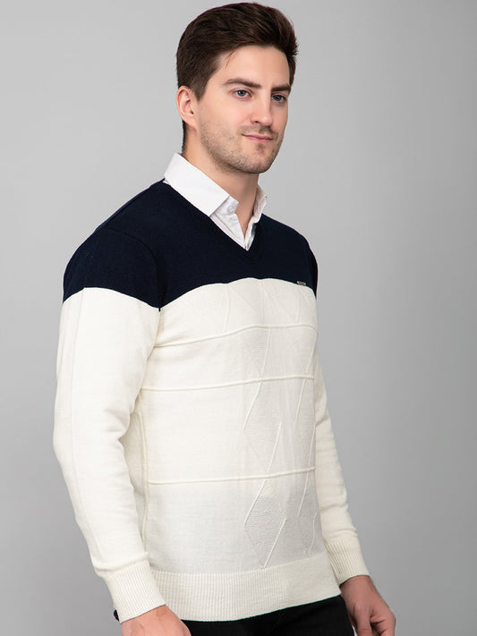 Off White Navy Woolen V-Neck Pullover Sweater for Men