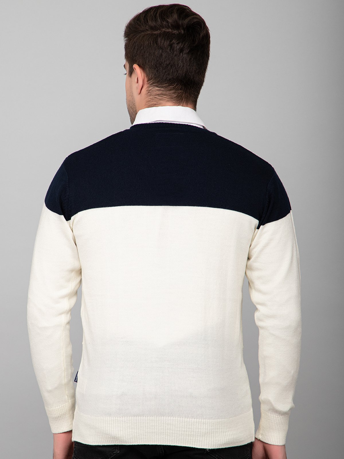 Off White Navy Woolen V-Neck Pullover Sweater for Men