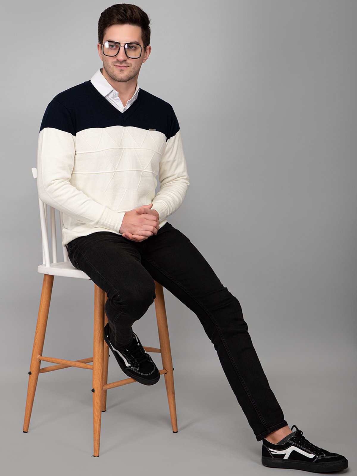 Off White Navy Woolen V-Neck Pullover Sweater for Men