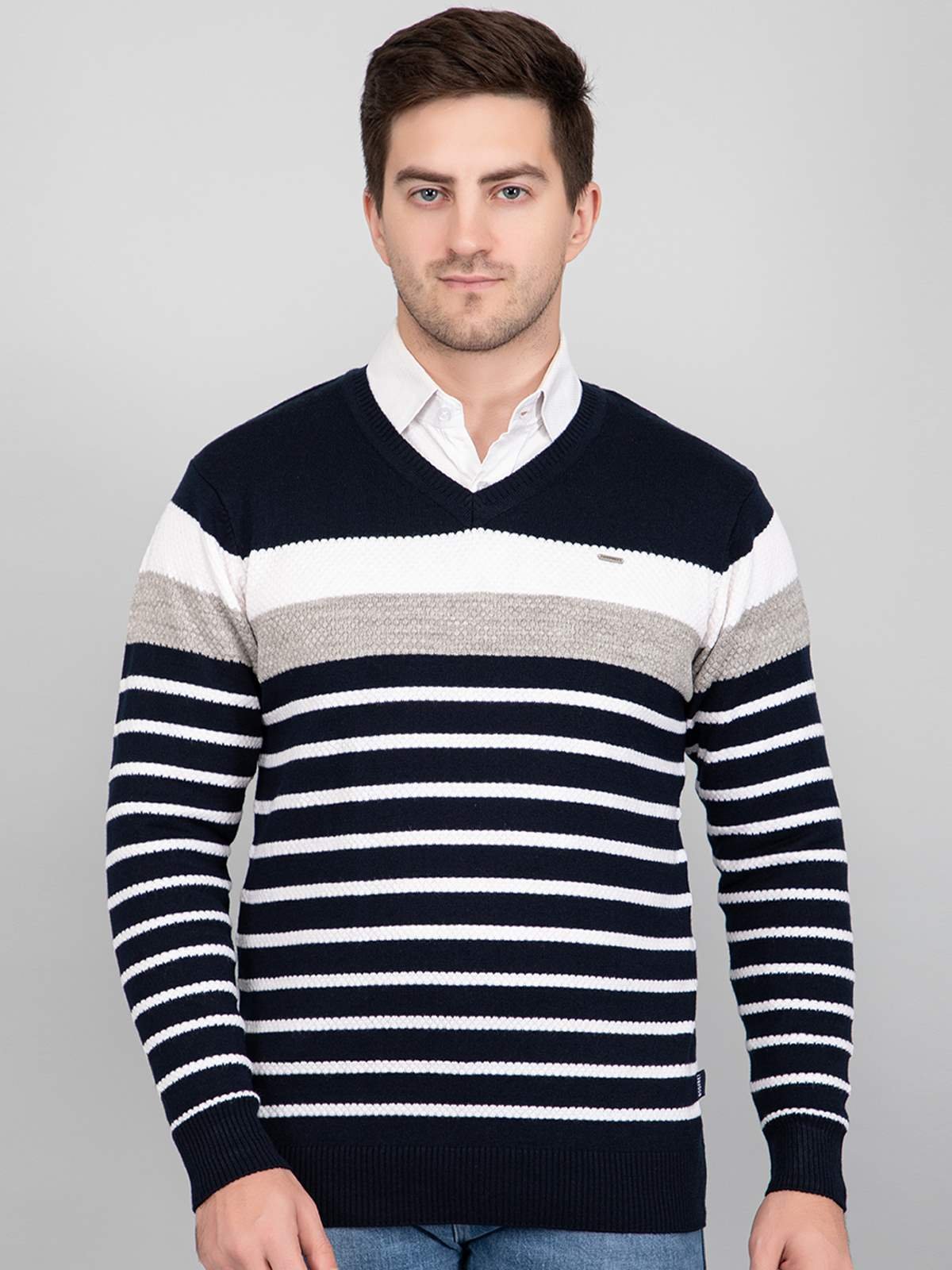 Navy Woolen V-Neck Striped Sweater For Men
