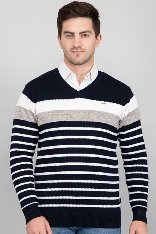 Navy Woolen V-Neck Striped Sweater For Men