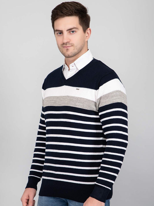 Navy Woolen V-Neck Striped Sweater For Men
