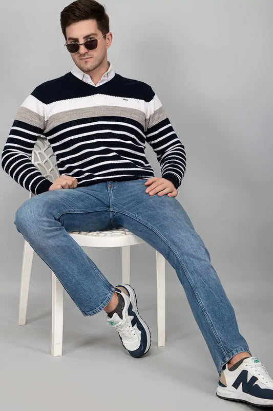Navy Woolen V-Neck Striped Sweater For Men