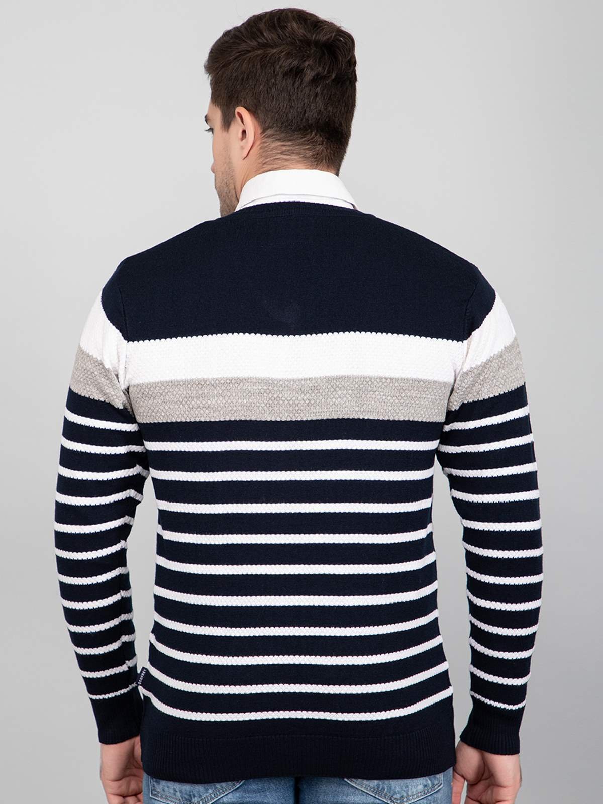 Navy Woolen V-Neck Striped Sweater For Men