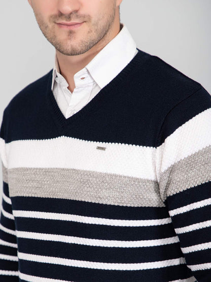 Navy Woolen V-Neck Striped Sweater For Men