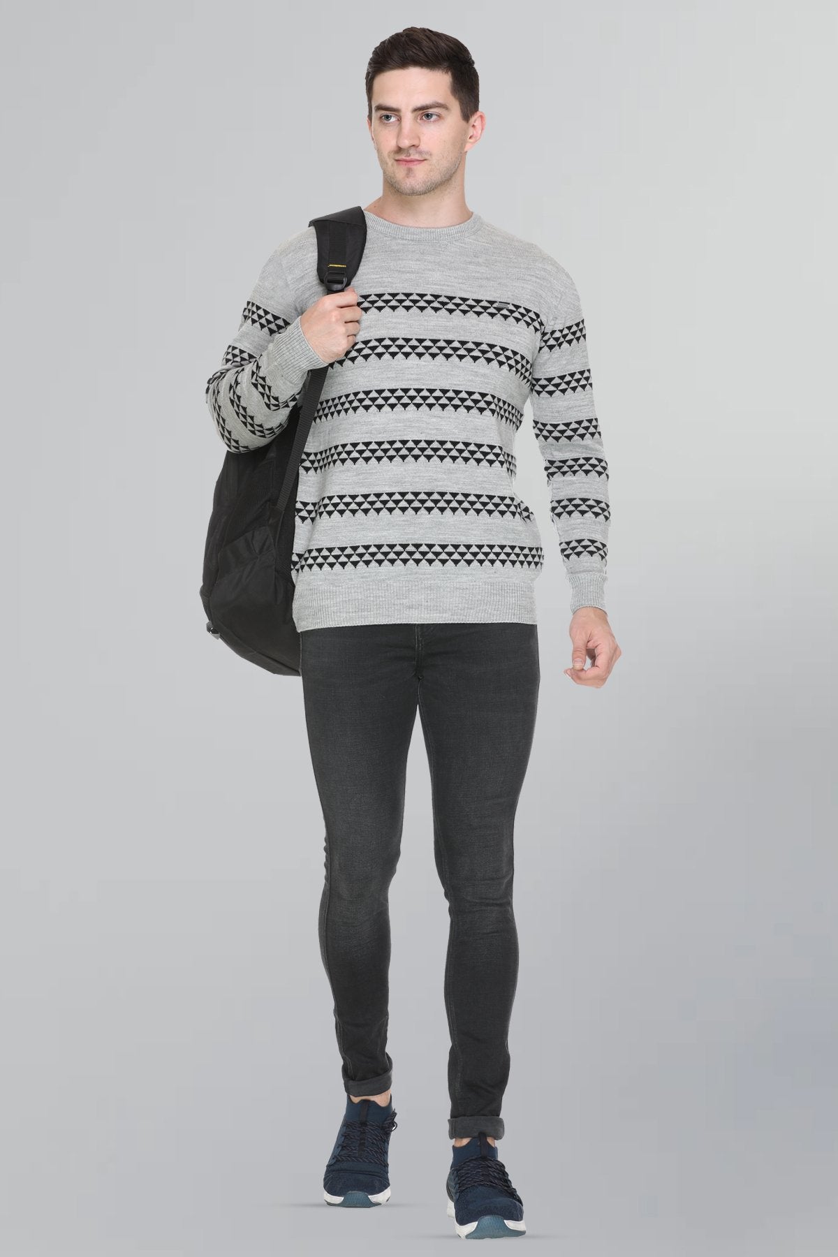 Light Grey Woolen Men's Round Neck Sweaters