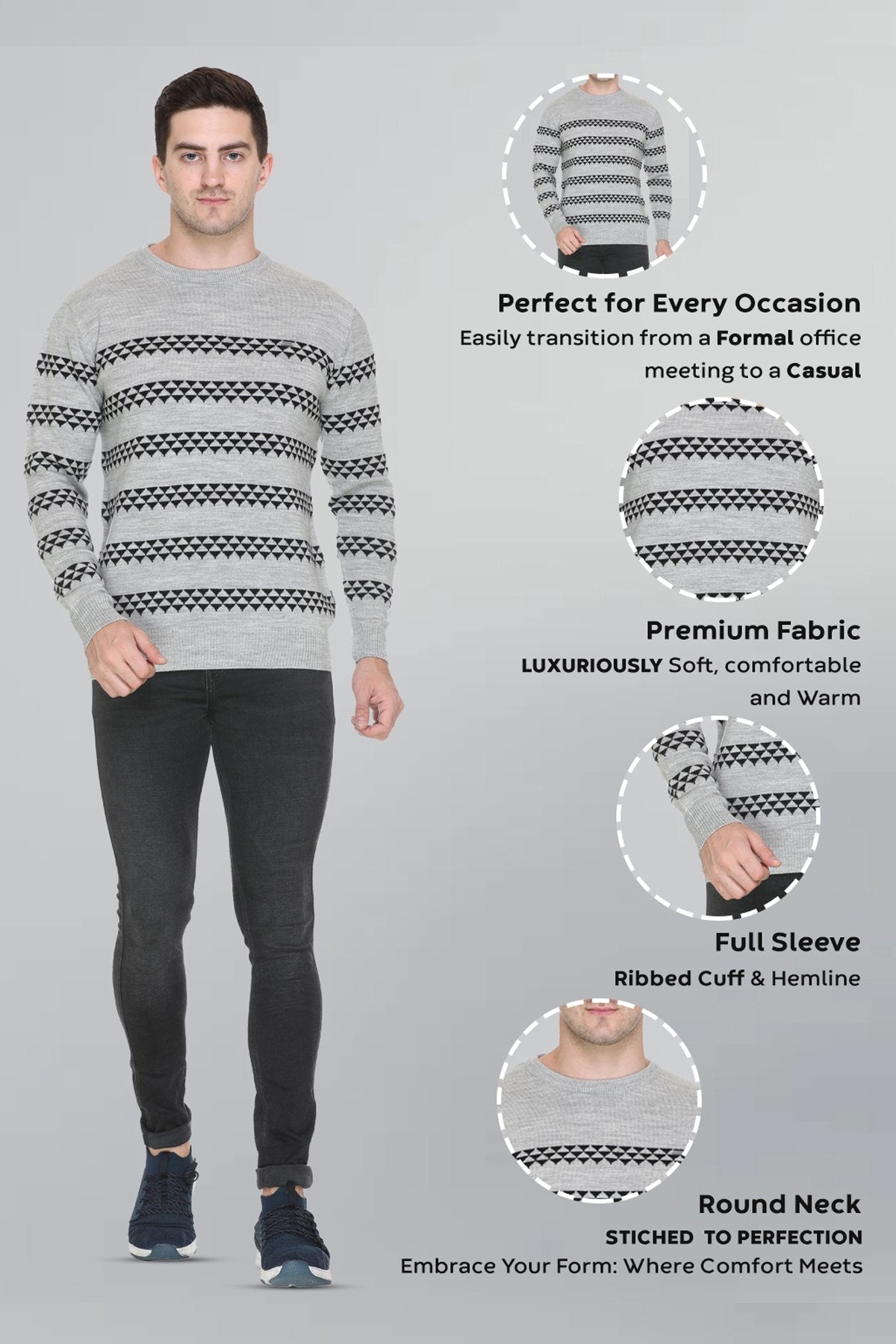 Light Grey Woolen Men's Round Neck Sweaters